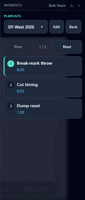 Moments panel showing an active playlist queue